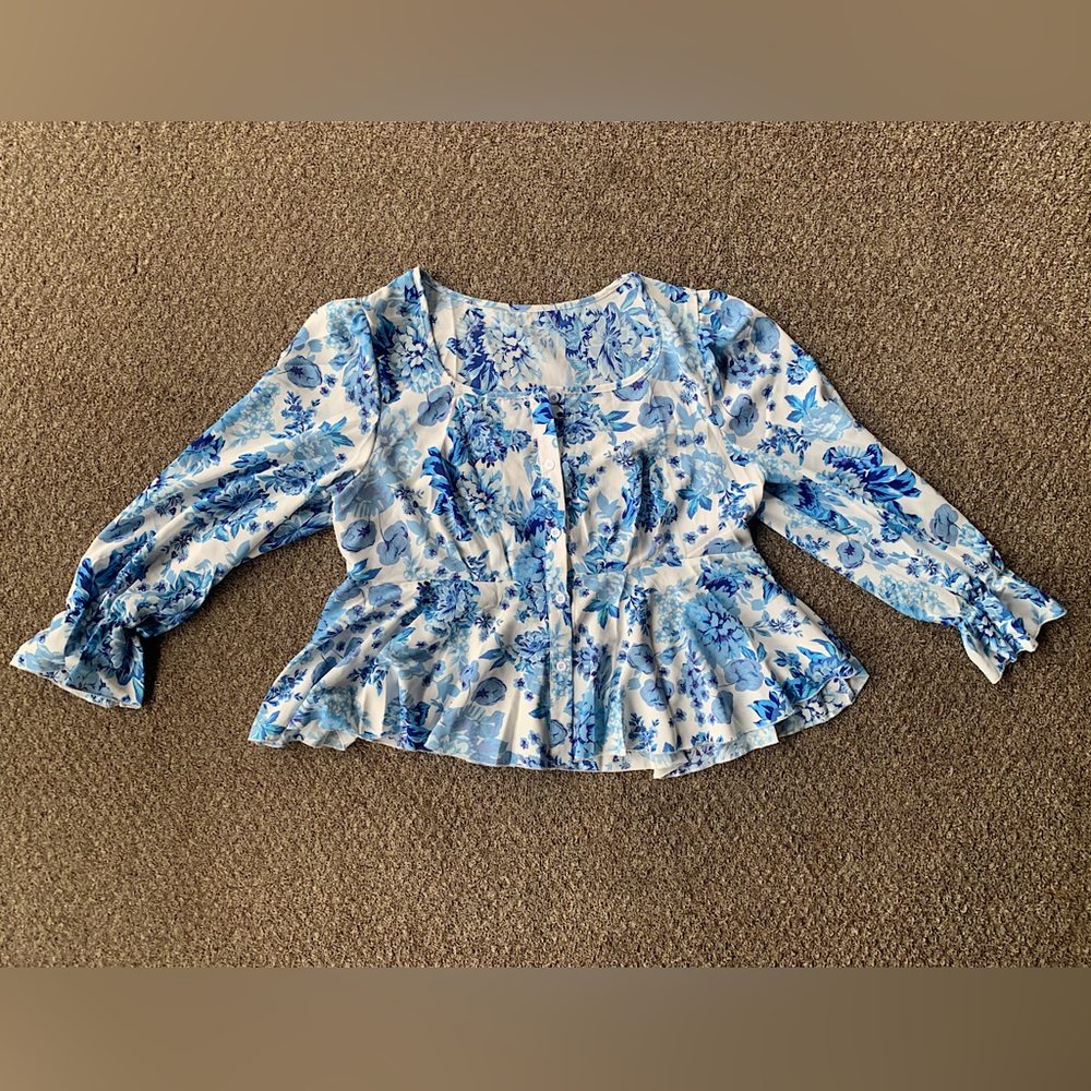 Women's Plus Size Floral Flounce Long Sleeve Button Front Peplum Blouse Top  1XL - Picture 2 of 7